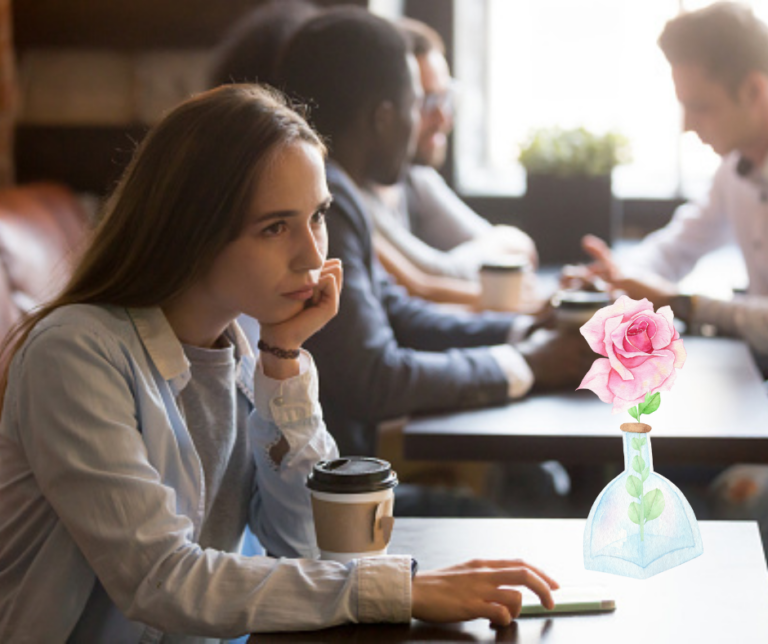 Upset woman in cafe
